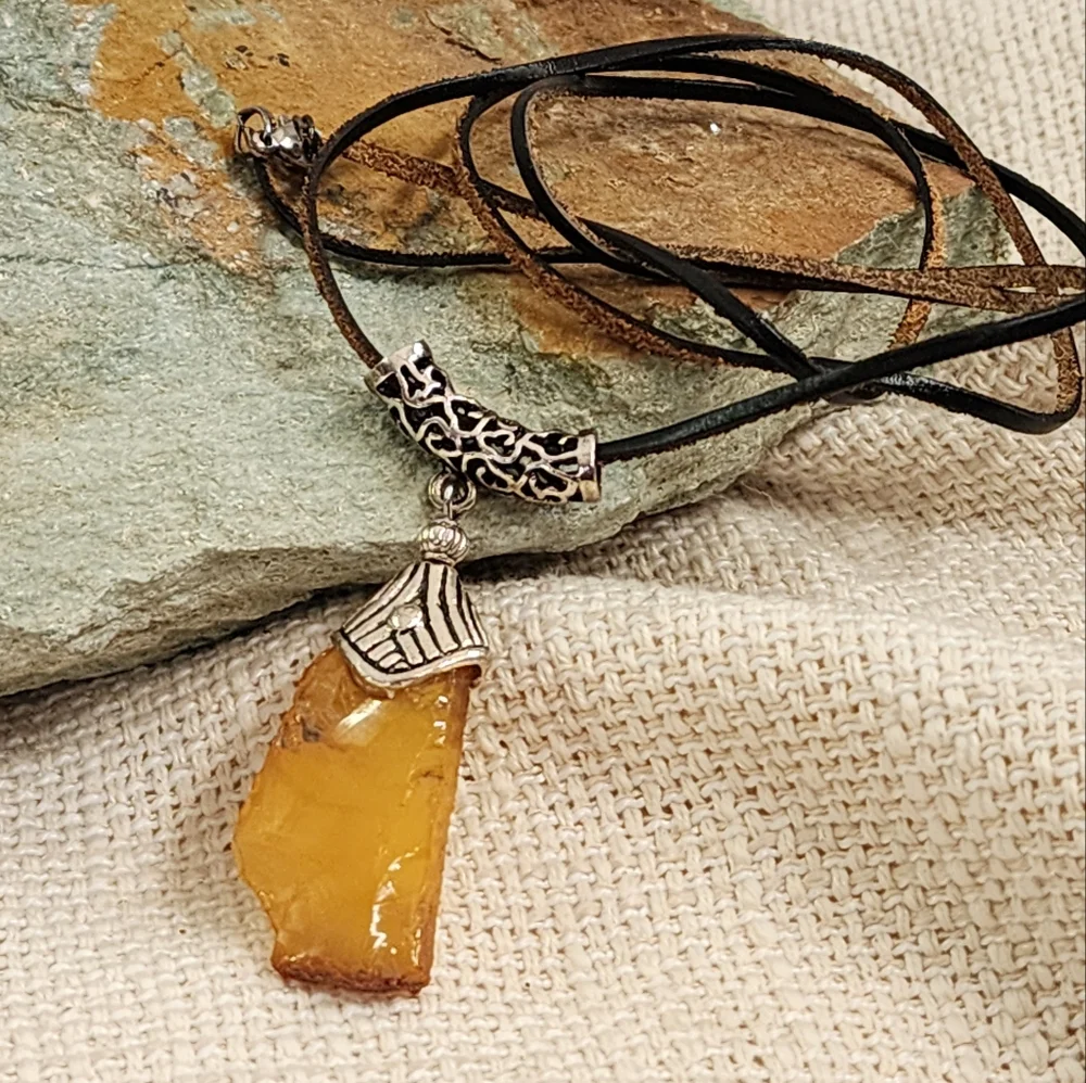 Amber Jewelry Natural Amber Nugget Rhodium Silver Pendant Genuine Leather